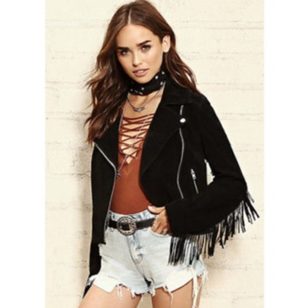 Real Suede Black Fringe Women's Moto Jacket